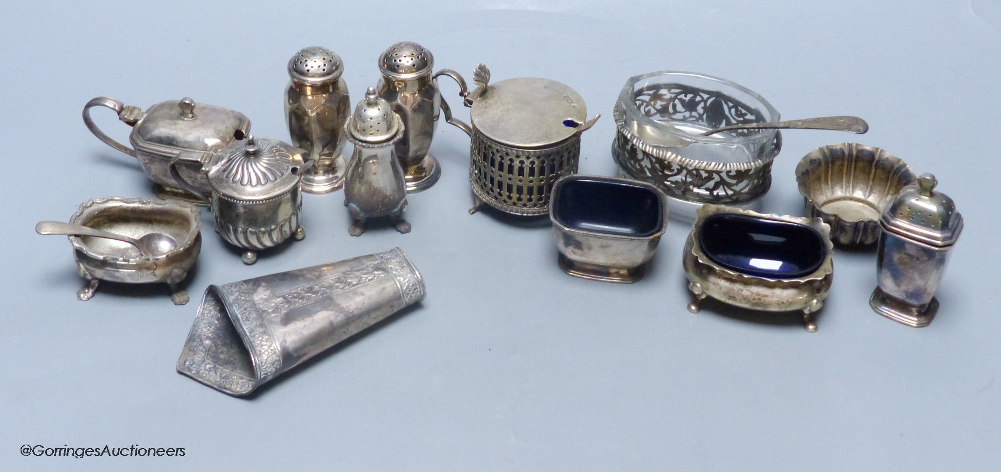 A collection of silver condiments and other items, 17.3oz (hallmarked)